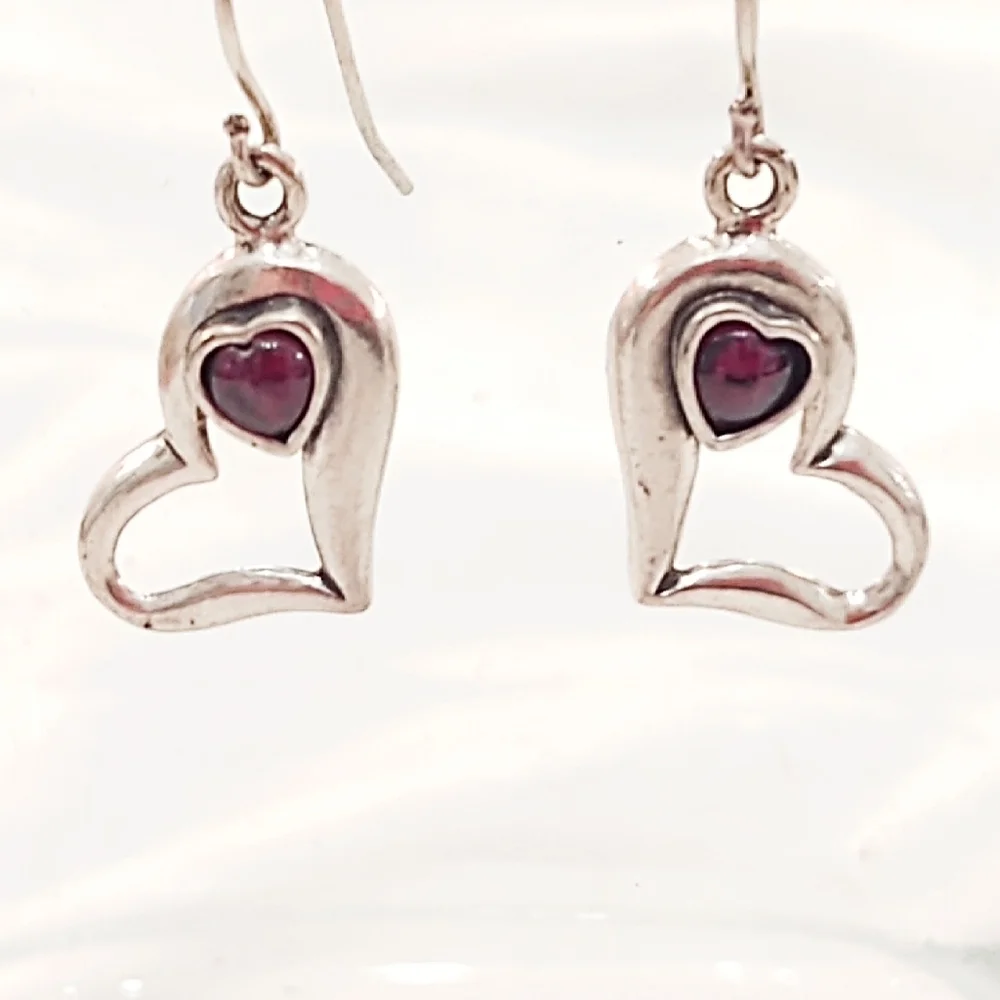 Vintage Sterling Silver Heart Earrings with Garnets